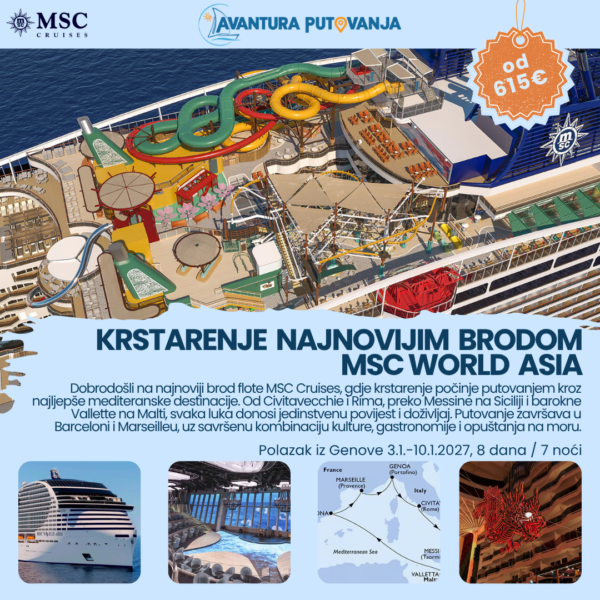 KRSTARENJE NAJNOVIJIM BRODOM MSC WORLD ASIA, Polazak iz Genove 3.1.-10.1.2027, 8 dana / 7 noći