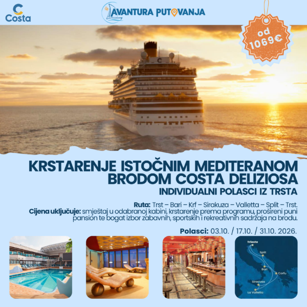 KRSTARENJE ISTOČNIM MEDITERANOM BRODOM COSTA DELIZIOSA, više polazaka