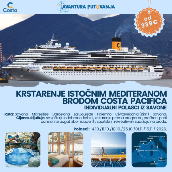 KRSTARENJE ISTOČNIM MEDITERANOM BRODOM COSTA PACIFICA, više polazaka