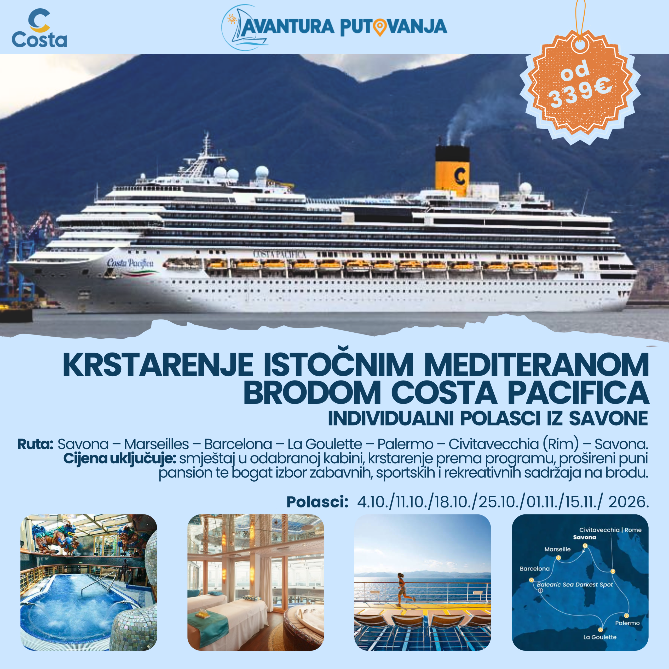 KRSTARENJE ISTOČNIM MEDITERANOM BRODOM COSTA PACIFICA, više polazaka