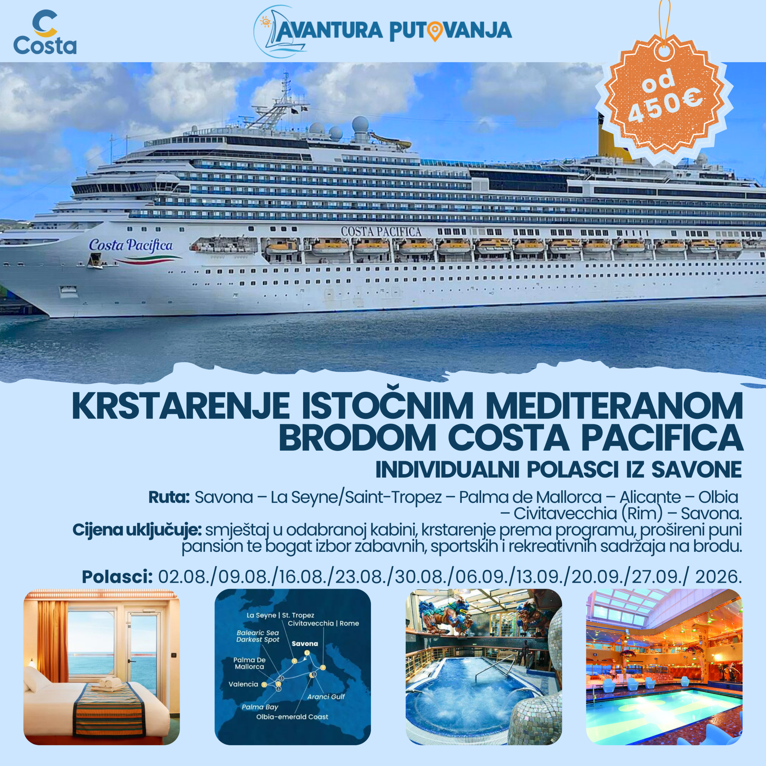 KRSTARENJE ISTOČNIM MEDITERANOM BRODOM COSTA PACIFICA, više polazaka